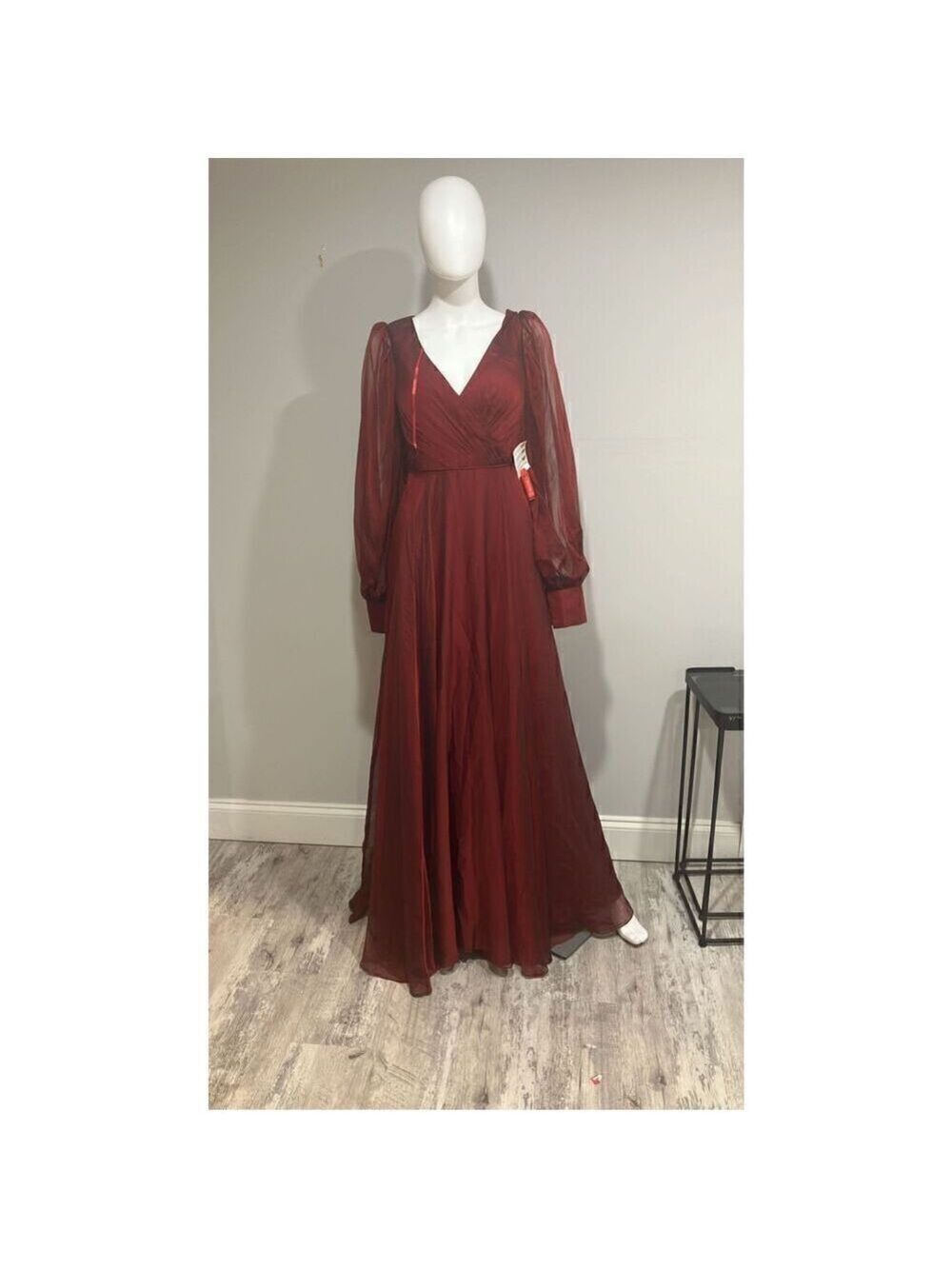 Mac Duggal Long Sleeve Modest Garnet Red Chiffon Evening Gown Size 4 - Picture 8 of 9